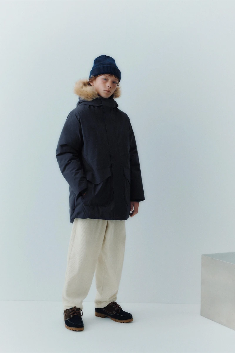 LONG 50% FEATHER AND DOWN WATER REPELLENT PUFFER COAT WITH REMOVABLE FAUX FUR HOODIE