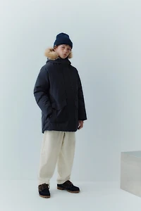 LONG 50% FEATHER AND DOWN WATER REPELLENT PUFFER COAT WITH REMOVABLE FAUX FUR HOODIE