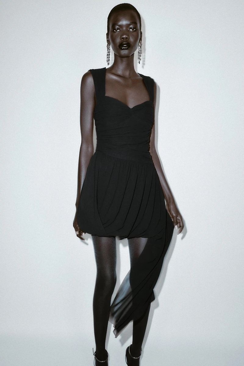 ASYMMETRICAL DRAPED MINI DRESS WITH BALLOON HEM