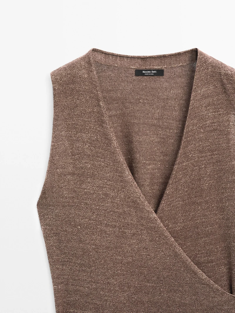 Linen blend knit crossover top