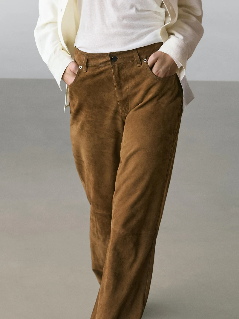 Suede leather straight trousers