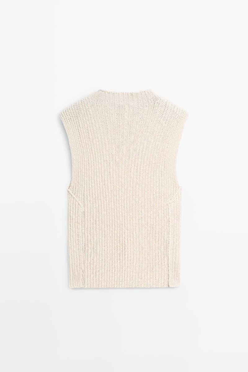 Linen blend openwork mock turtleneck top - LIMITED EDITION