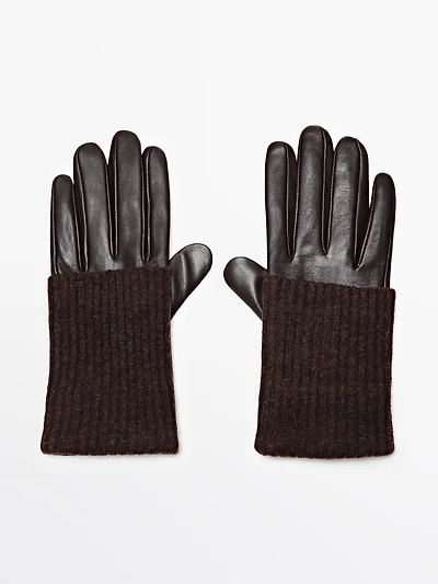 Gants bi-matière en cuir nappa et maille