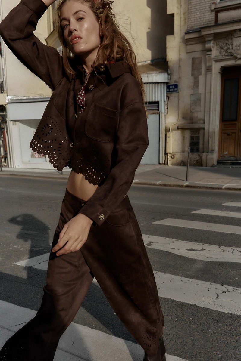 DIE-CUT HEM FAUX SUEDE JACKET