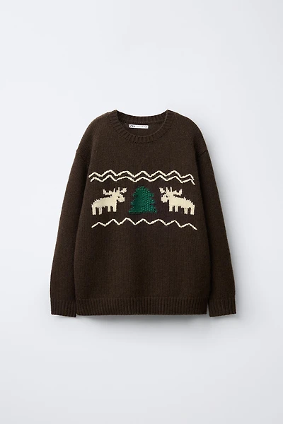 AGES 7-12/ WOOL BLEND KNIT JUMPER WITH EMBROIDERED REINDEER
