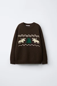 AGES 7-12/ WOOL BLEND KNIT JUMPER WITH EMBROIDERED REINDEER