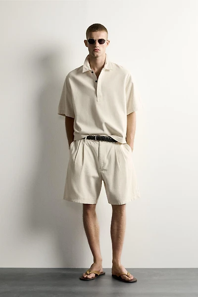 WIDE FIT STRIPED PLEATED SHORTS