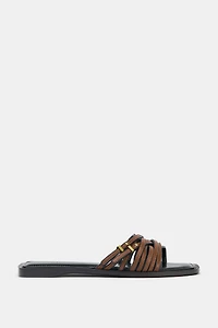 LEATHER STRAPPY SLIDE SANDALS