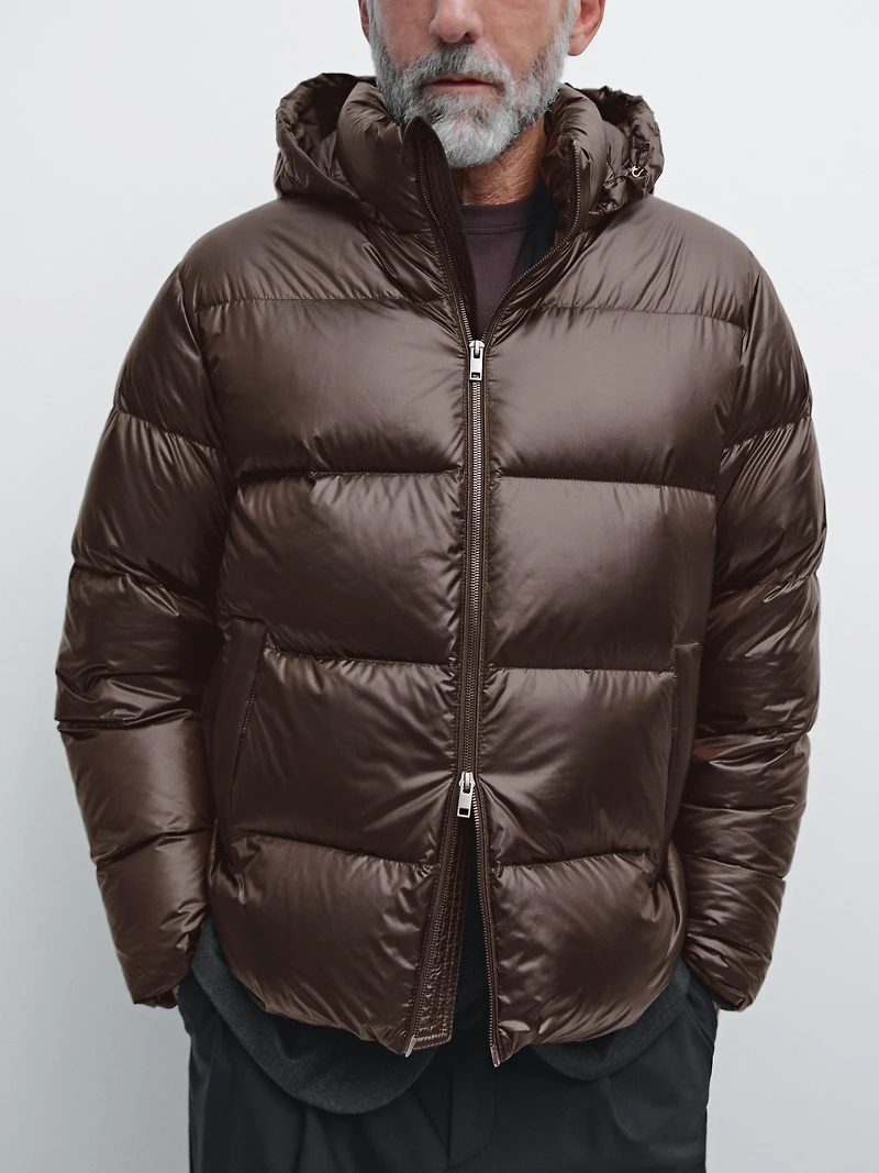 Water-repellent satin puffer jacket