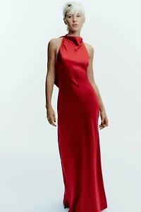 LONG SATIN HALTER DRESS