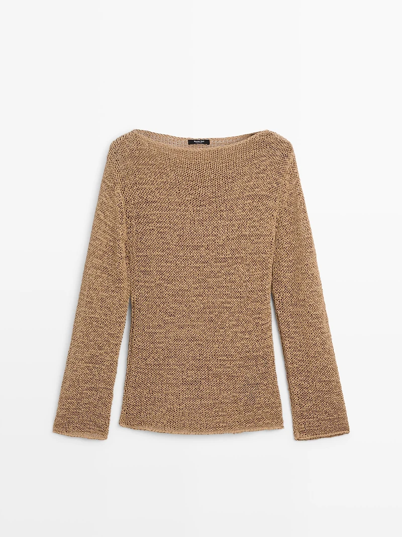 Cotton blend knit boat neck sweater