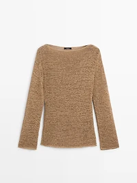Cotton blend knit boat neck sweater