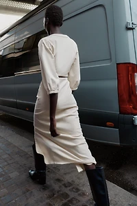 BELTED BALLOON SLEEVE MIDI DRESS