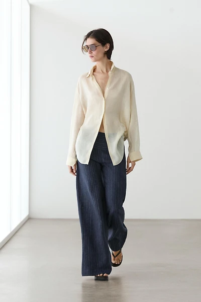 Flare fit linen trousers with striped details