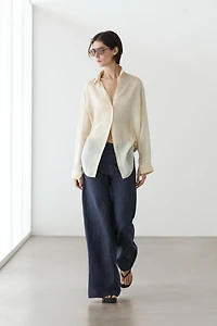 Flare fit linen trousers with striped details