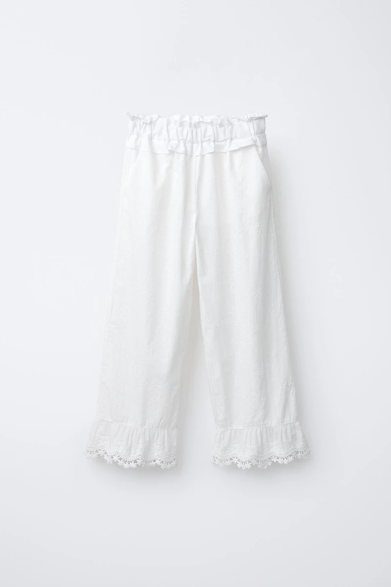 RUFFLED AND EMBROIDERED PANTS