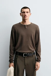 COTTON-CASHMERE BUTTON NECK SWEATER