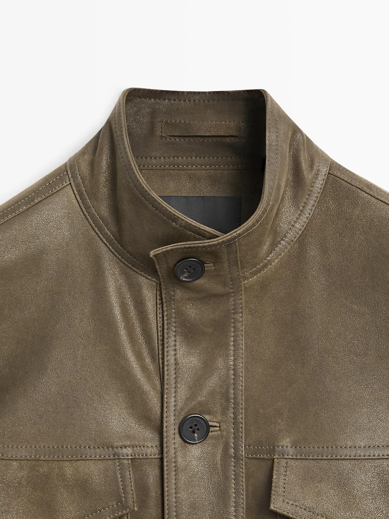 Distressed-effect goatskin leather jacket