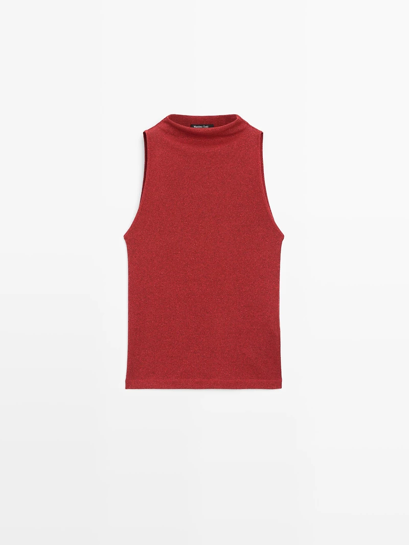 Knit halterneck top with metallic finish