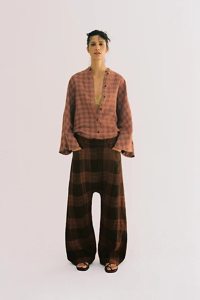 ZW COLLECTION CHECKED LINEN TROUSERS