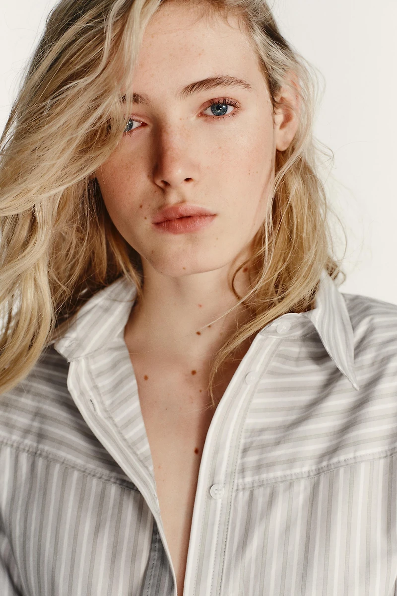 STRIPED POPLIN SHIRT WITH SHOULDER PADS