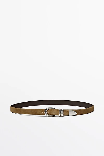 Split suede leather belt with metal detail