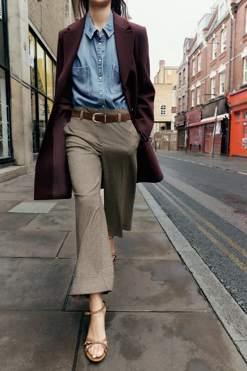 HERRINGBONE BELTED PANTS