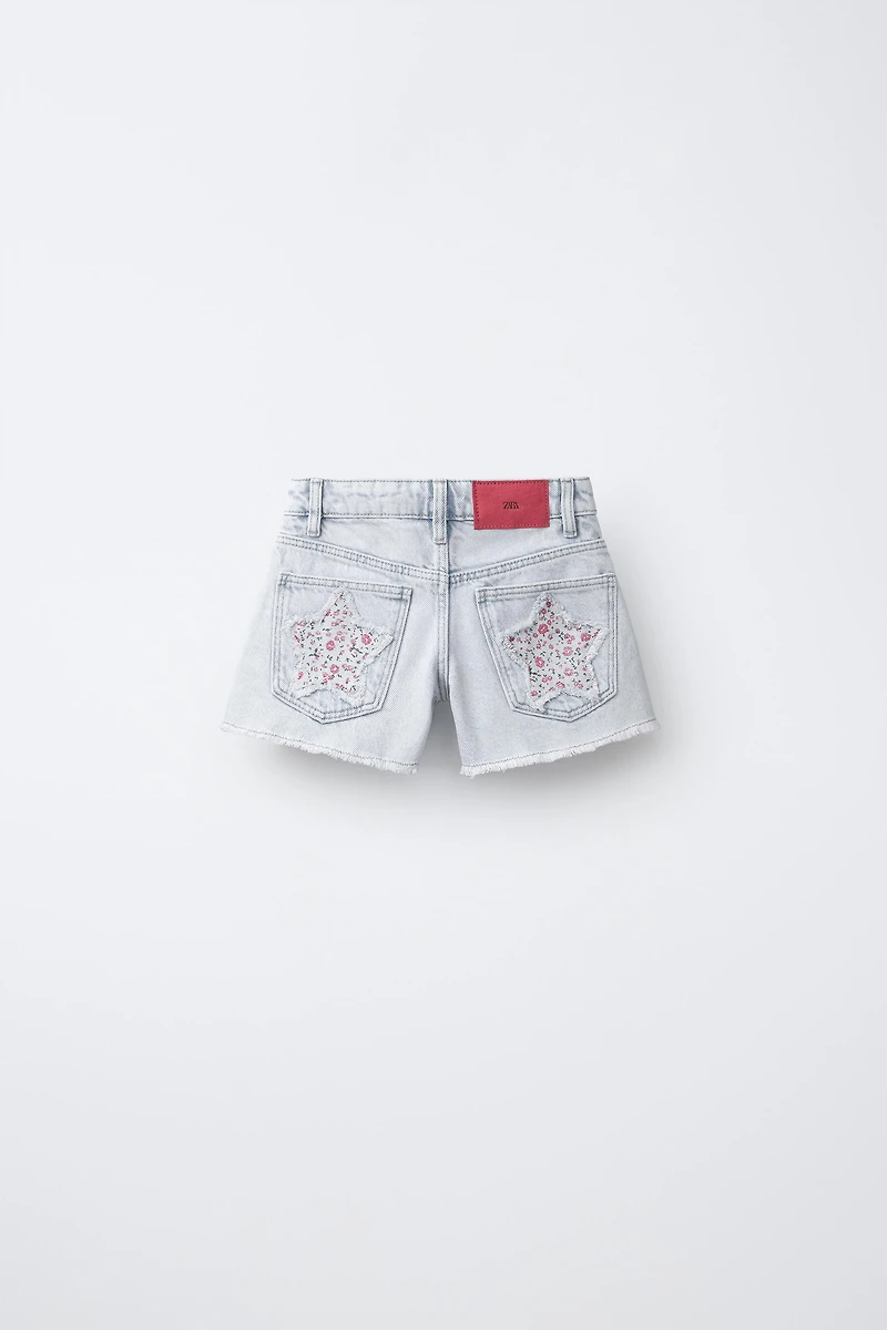FLORAL STAR PRINT DENIM SHORTS