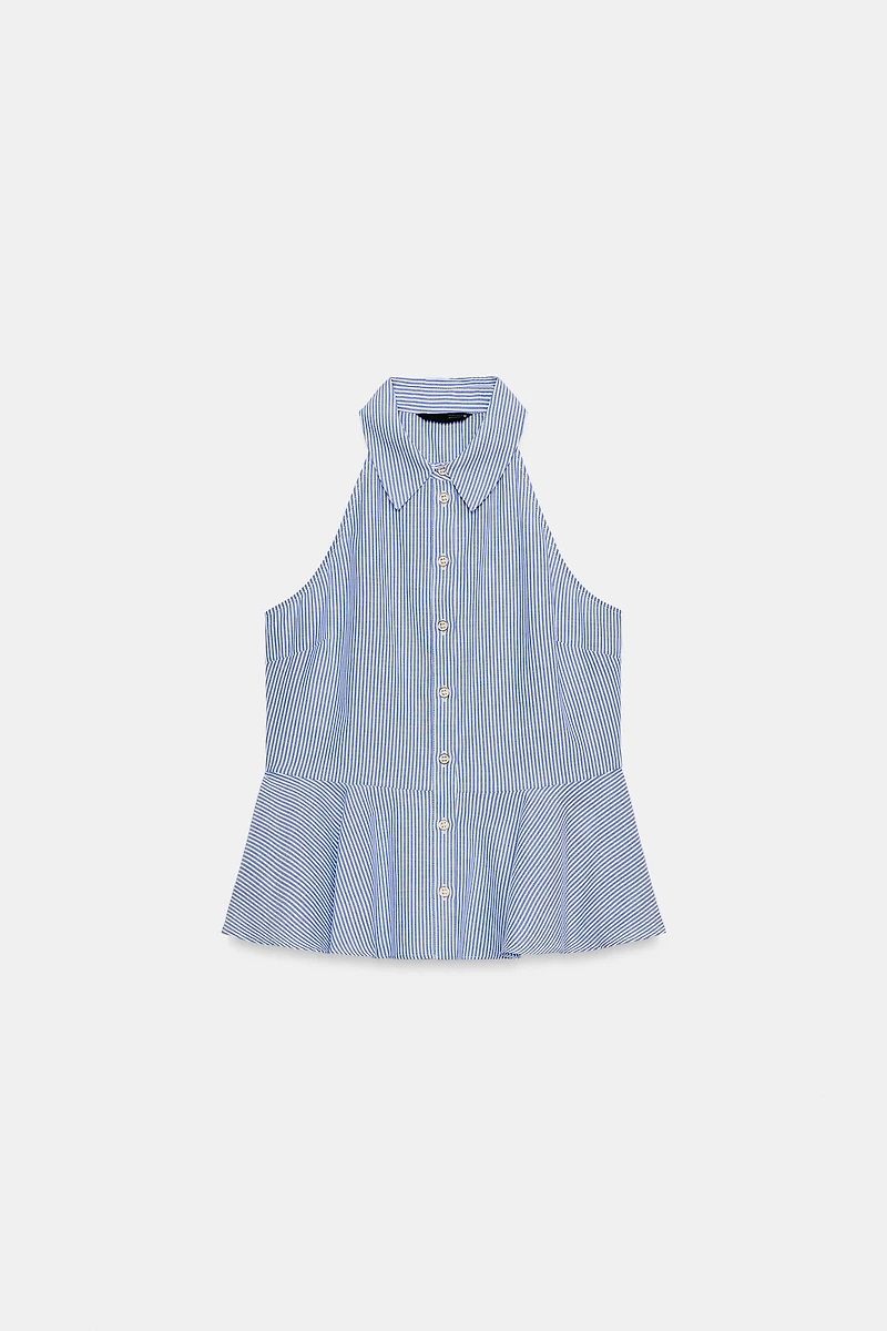 STRIPED PEPLUM HALTER SHIRT