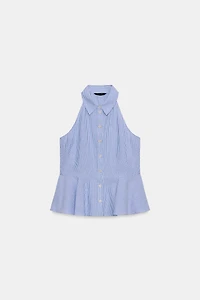 STRIPED PEPLUM HALTER SHIRT