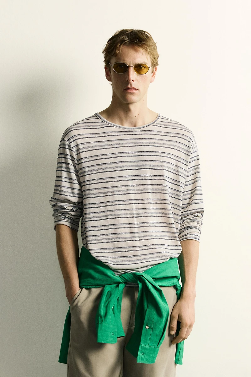 VISCOSE-LINEN STRIPED T-SHIRT
