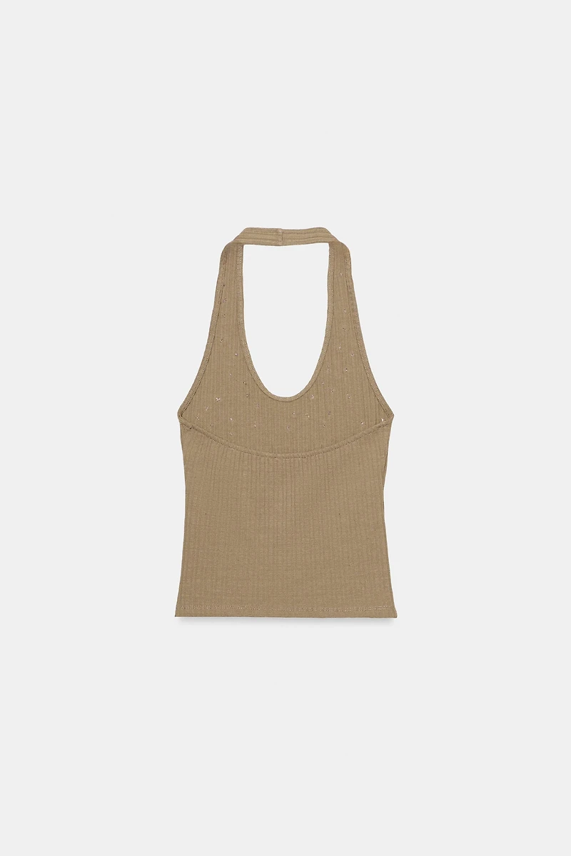 BUTTONED RIB HALTER TOP