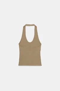BUTTONED RIB HALTER TOP
