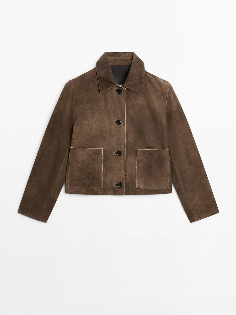 Short suede leather jacket with pocket details