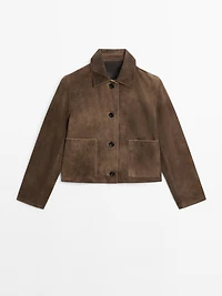 Short suede leather jacket with pocket details