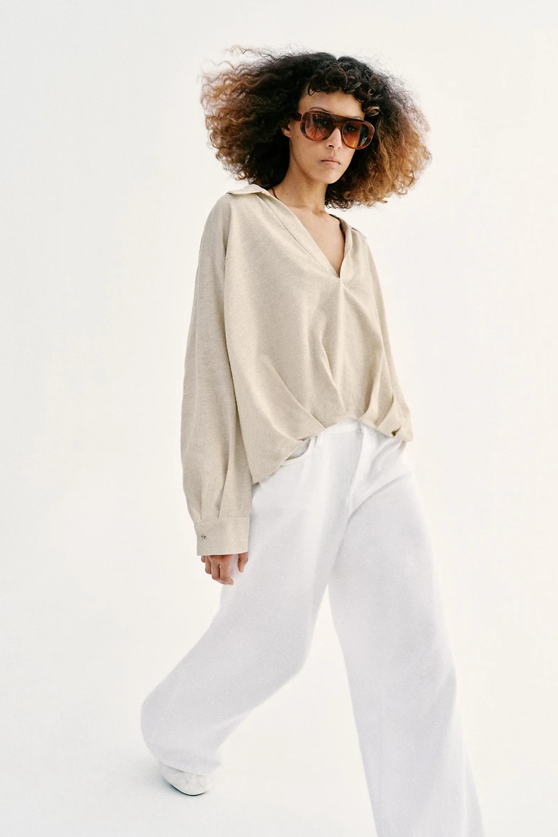 LINEN BLEND SHIRT WITH PUFF HEM