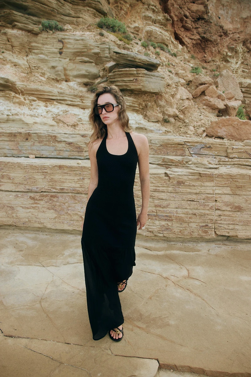 COMBINATION KNIT HALTER DRESS