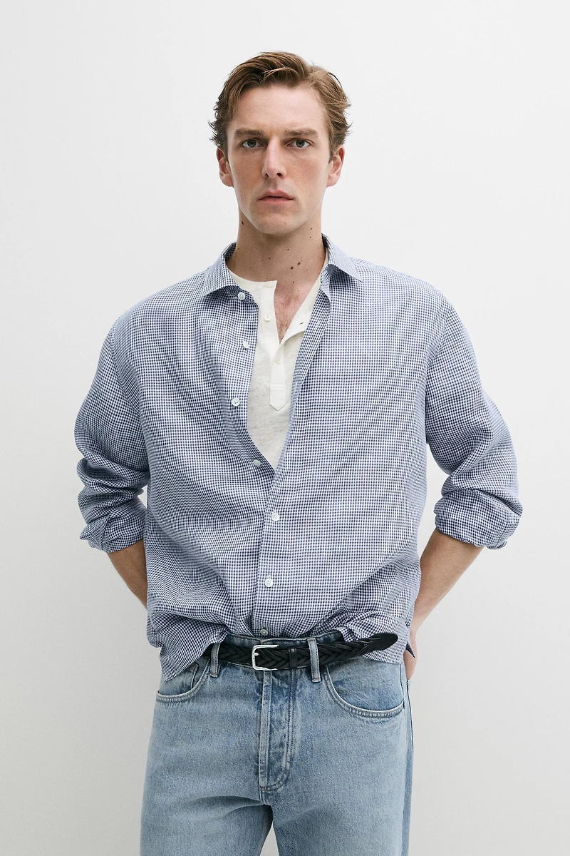 100% linen regular fit gingham shirt