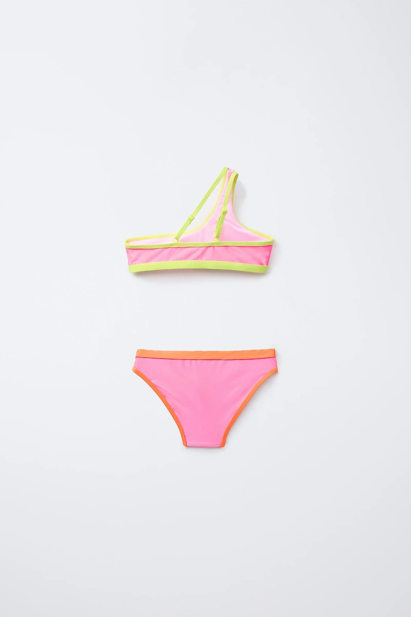 6-14 YEARS/ ASYMMETRICAL SHINY BIKINI WITH PIPING