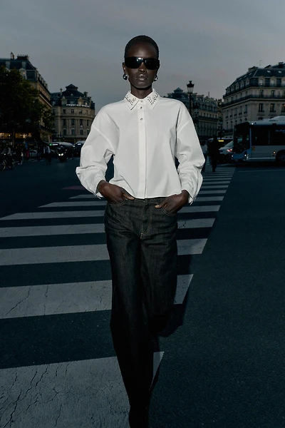 CHEMISE COURTE EN POPELINE À FANTAISIE BIJOU