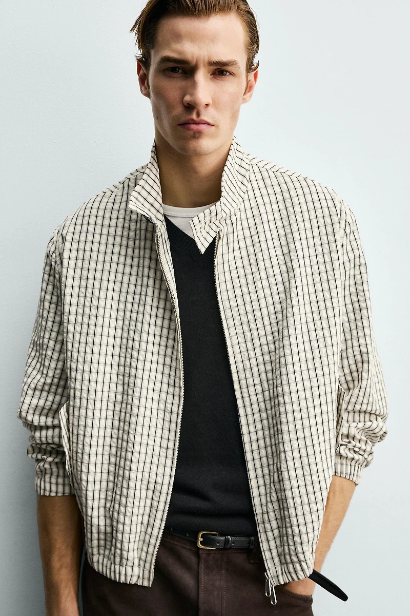 CROPPED FIT TEXTURED PLAID JACKET