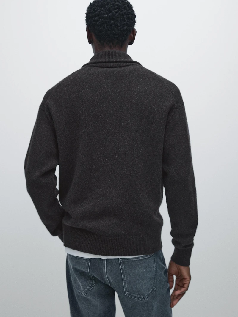 Wool blend high neck knit cardigan