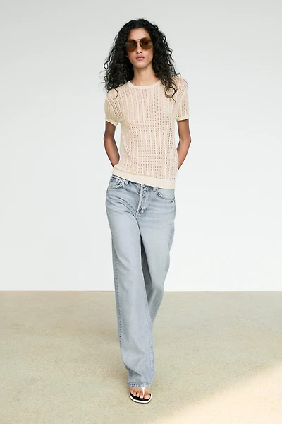 Short sleeve cutwork knit top