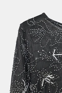 BEADED EMBROIDERED DRAPED TULLE TOP