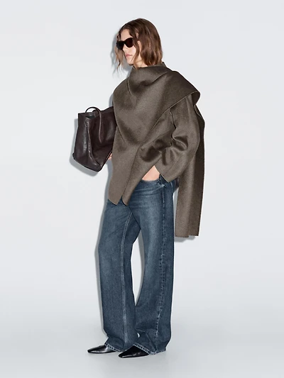 Mid-length wool blend coat with scarf