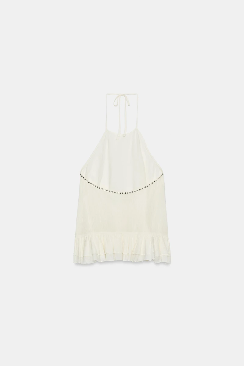 STUDDED RUFFLE HALTER TOP