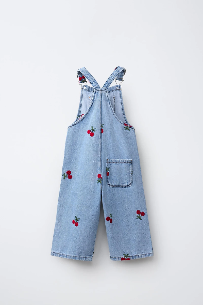 EMBROIDERED CHERRY DENIM OVERALLS