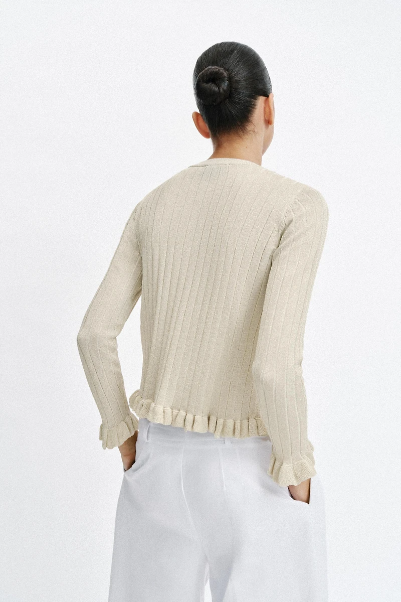 METALLIC THREAD RUFFLED KNIT CARDIGAN