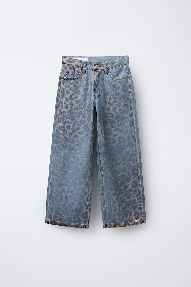 SHINY ANIMAL PRINT WIDE LEG JEANS