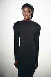 DRAPED MIDI DRESS WITH JEWEL BACK DETAIL